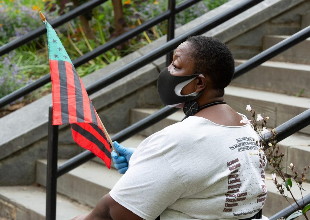 woman, african american, flag, juneteenth, patriotism, freedom, justice, celebration, black, mask, face mask, protection, pandemic, outdoors, juneteenth, juneteenth, juneteenth, juneteenth, juneteenth